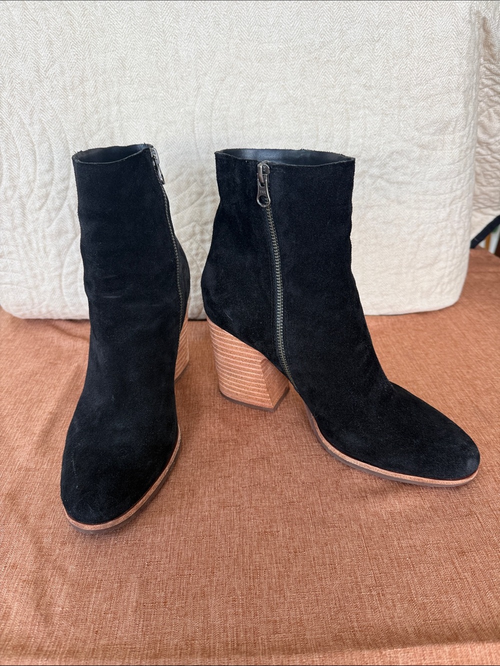 Kork-Ease Black Suede Ankle Booties with Stacked Wood Heel
